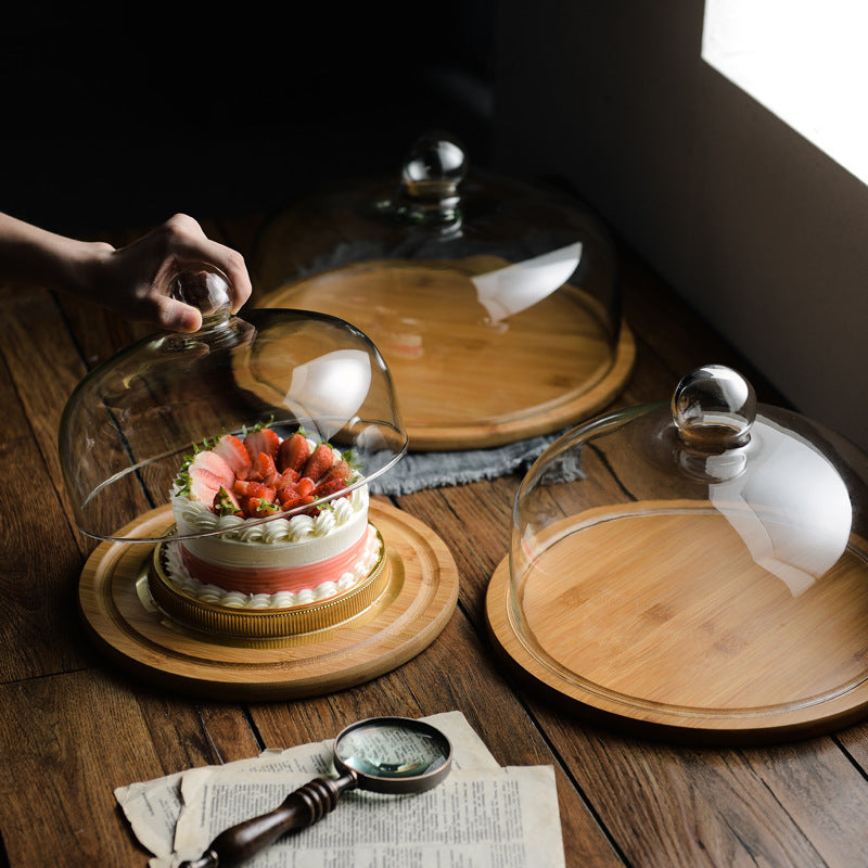 Bamboo Wooden Glass Cover Cake Stand