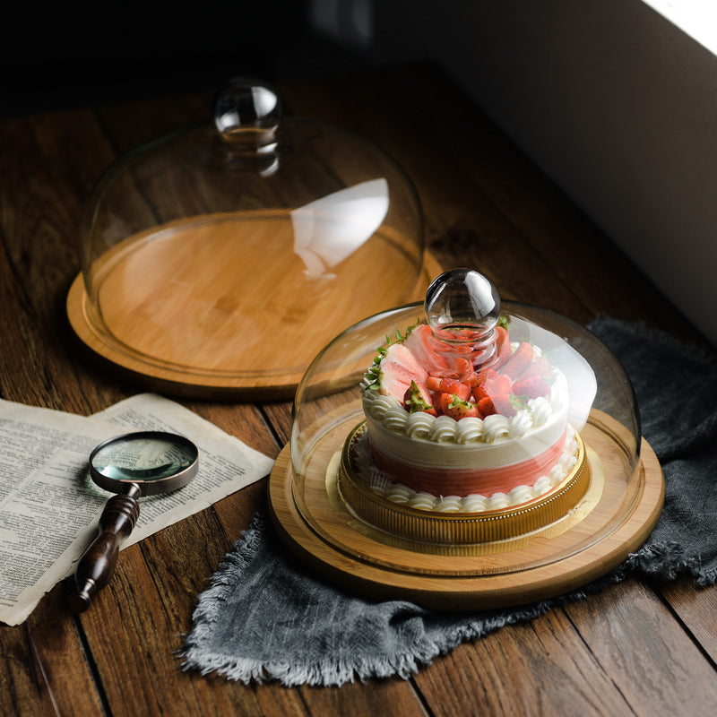 Bamboo Wooden Glass Cover Cake Stand